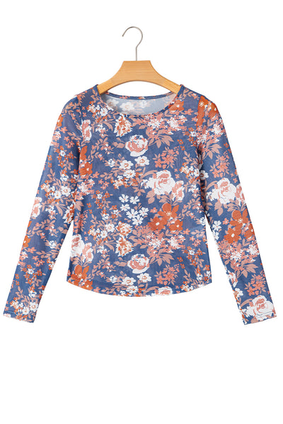 Orchid Petal Allover Floral Print Mesh Long Sleeve Top
