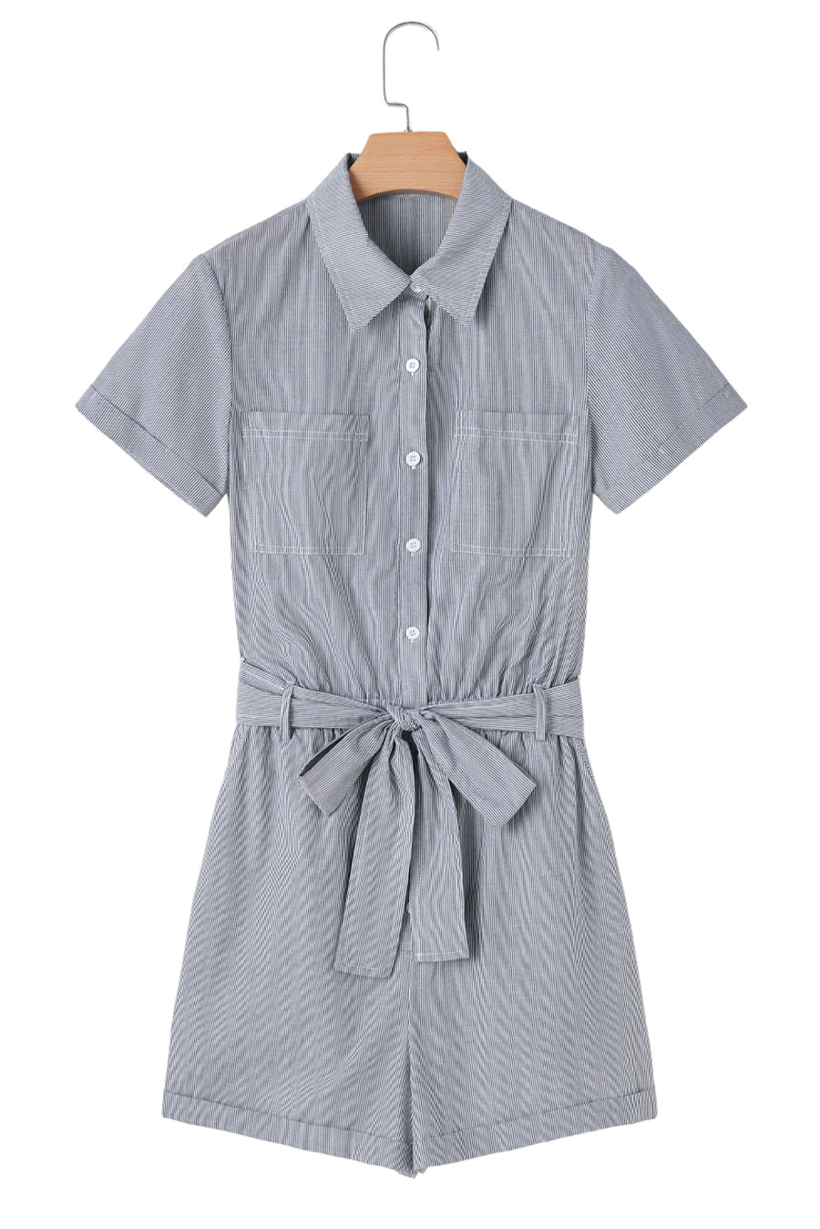 Railroad Striped Chest Pockets Button-Up Belted High-Waist Romper