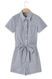 Railroad Striped Chest Pockets Button-Up Belted High-Waist Romper