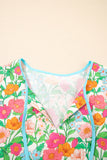 Green Floral Striped Trim Lantern Sleeve Tie Neck Blouse