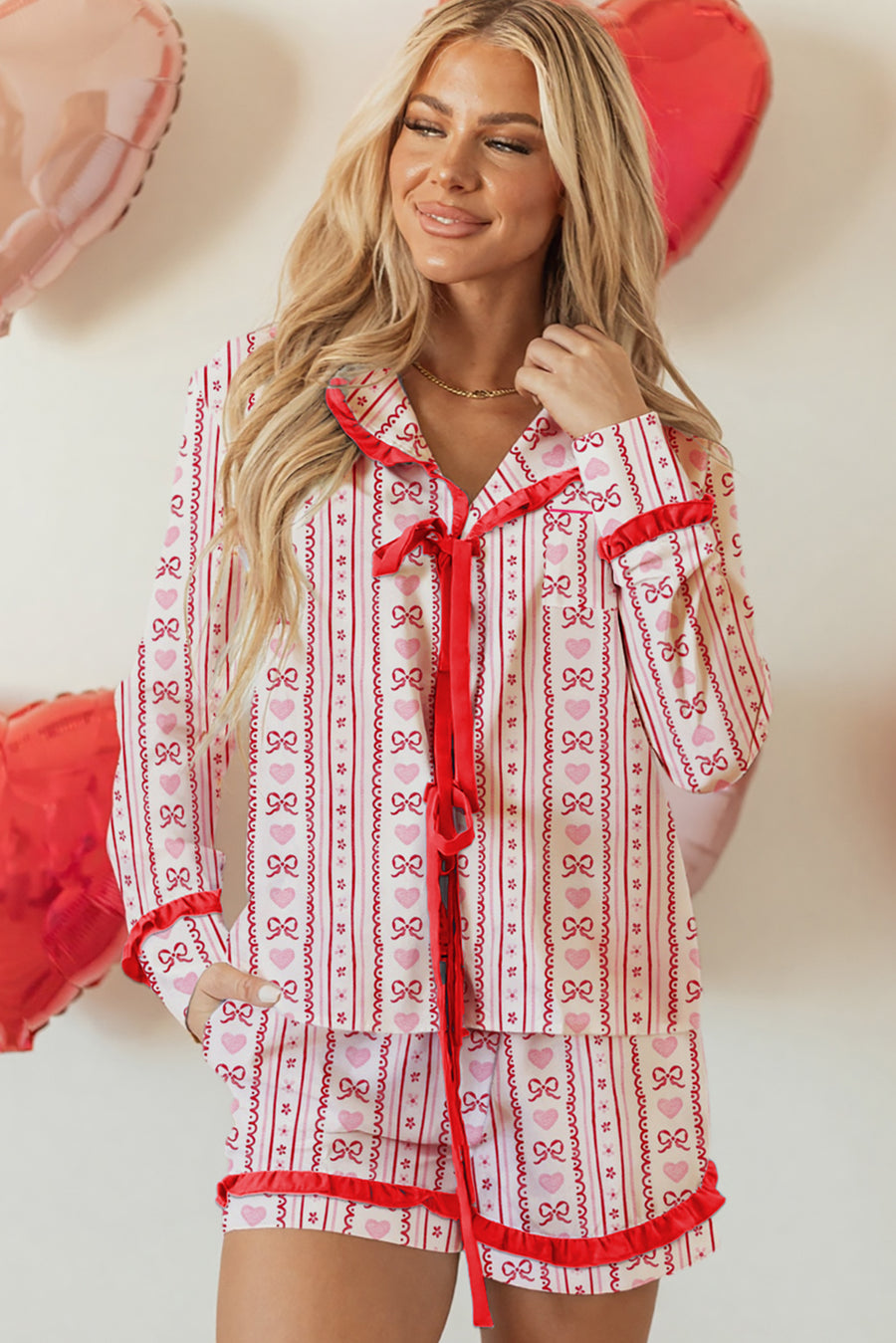Red Hearts & Bows Print Ruffle Trim Long Sleeve Top and Shorts Pajama Set