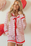 Red Hearts & Bows Print Ruffle Trim Long Sleeve Top and Shorts Pajama Set