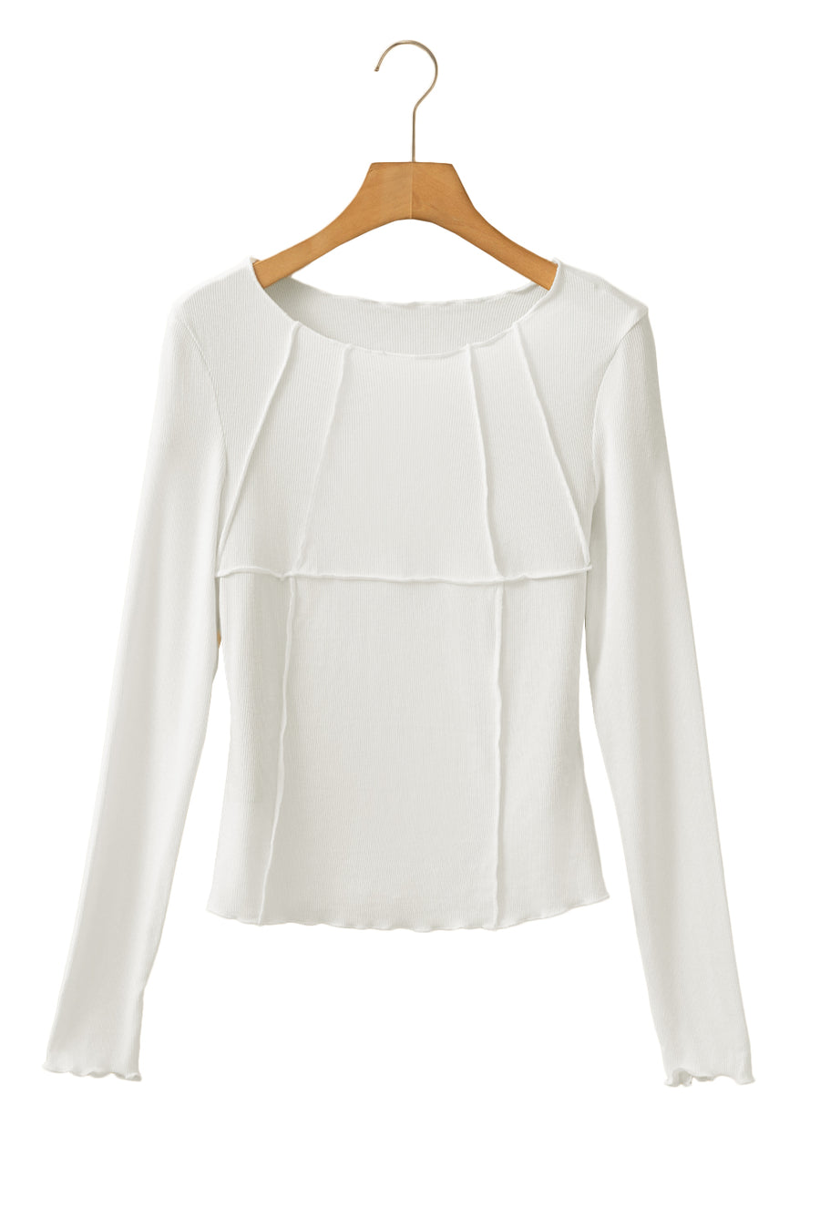 White Exposed Seam Ribbed Knit Slim Fit Long Sleeve Top