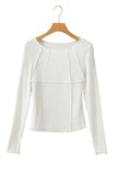 White Exposed Seam Ribbed Knit Slim Fit Long Sleeve Top
