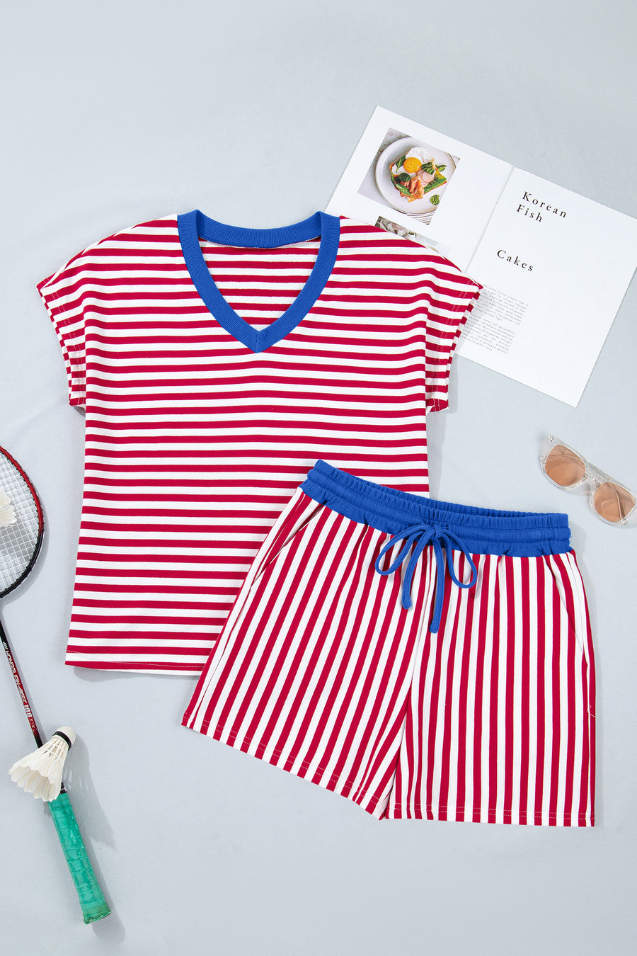 Striped Contrast Trim V-Neck T-Shirt and Drawstring Elastic Waist Shorts Set- 4 Colors
