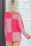 Pink Stripe Color Block Patchwork Drop Shoulder Long Sleeve High-Low Top