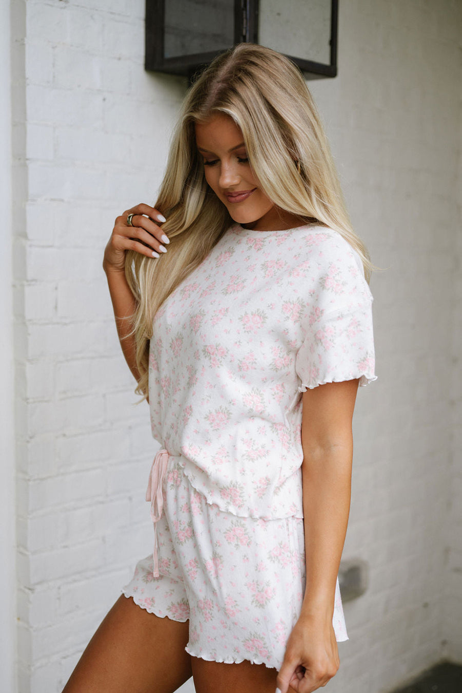 Pink Floral Print Lettuce Trim Short Sleeve Top and Shorts Pajama Set