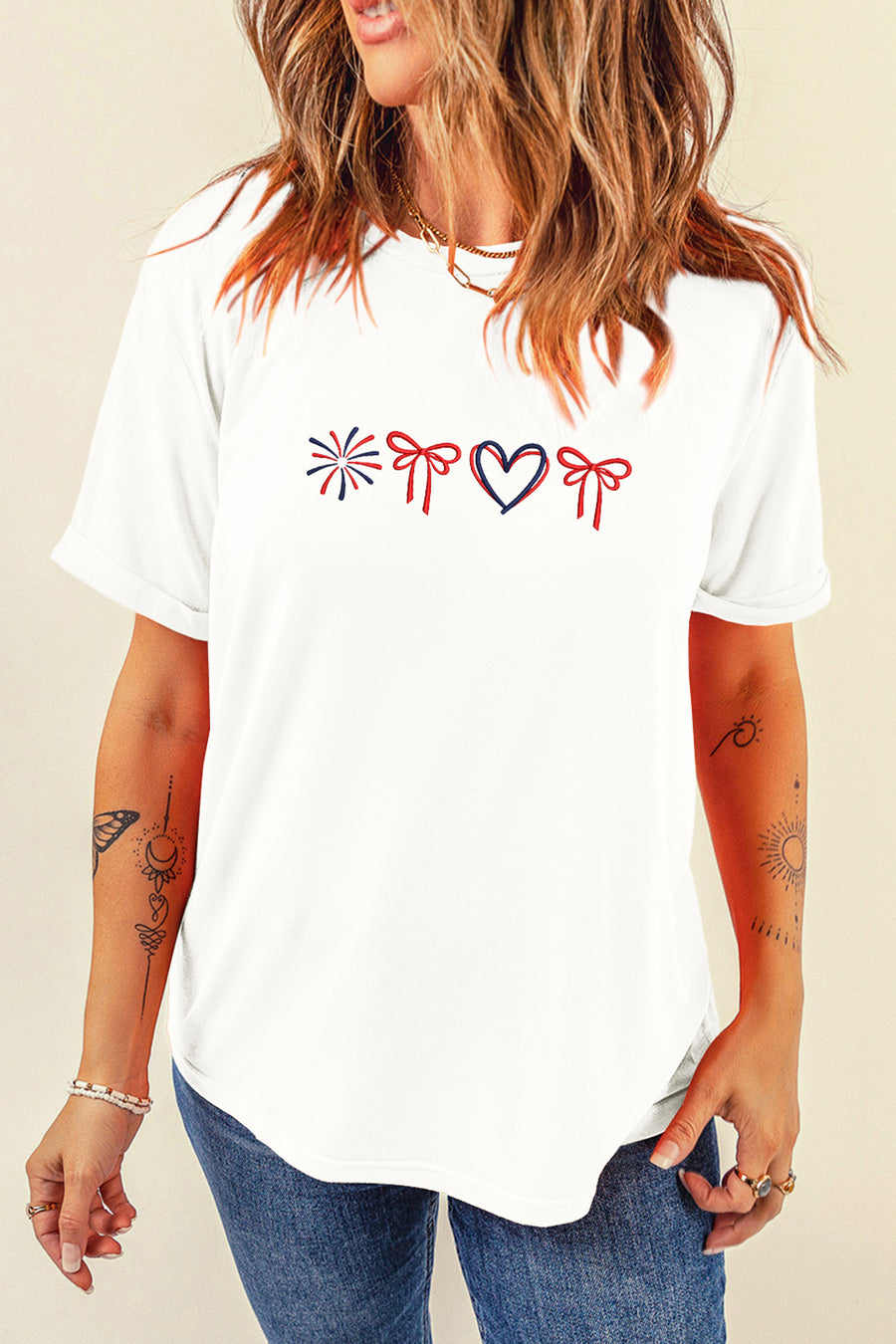 White Fireworks, Bows & Heart Embroidered T-Shirt