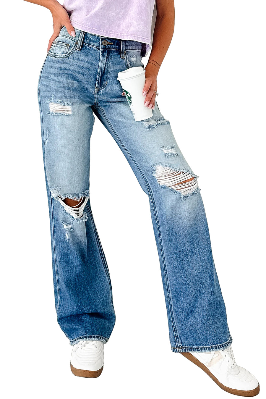 Medium Blue Mid-Rise Distressed Straight Leg Jeans