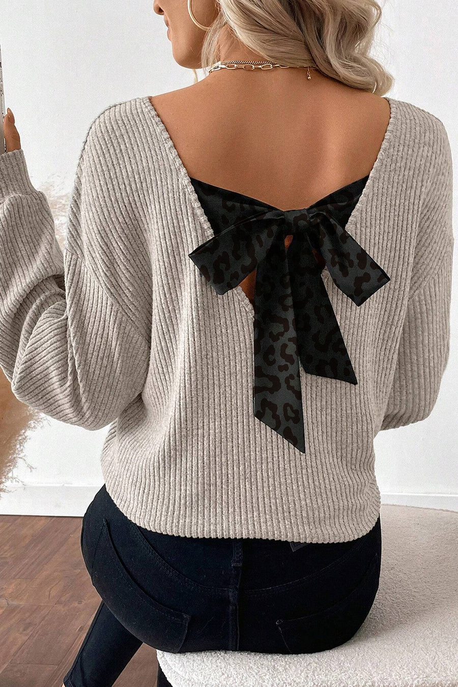 Leopard Print V-Neck Bow Back Ribbed Long Sleeve Sweater- 2 Colors