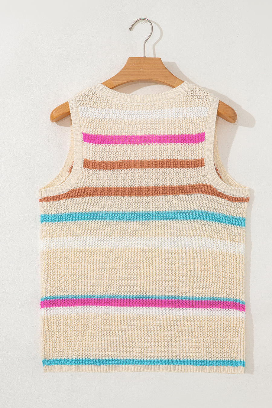 Khaki Striped V-Neck Textured Knit Vest