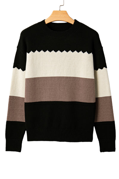 Black Colorblock Crew Neck Drop Shoulder Sweater