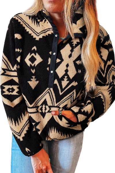Beige Vintage Geometric Half Zip Plush Sweatshirt