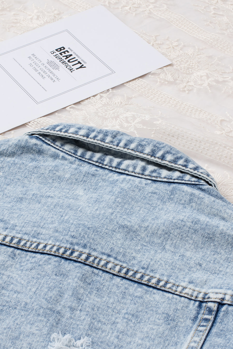 Light Blue Distressed Ripped Raw Hem Denim Jacket