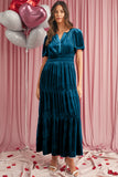 Velvet Puff Short Sleeve Smocked Waist Tiered Maxi Dress with Pockets- 3 Colors