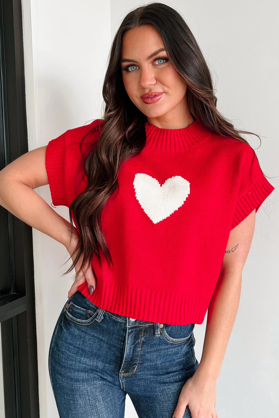 Heart Cropped Short Sleeve Mock Neck Sweater- 3 Colors
