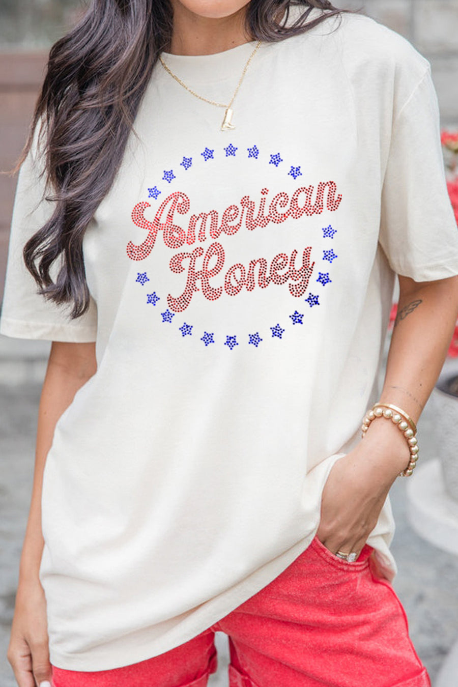 White American Honey Rhinestone Graphic T-Shirt