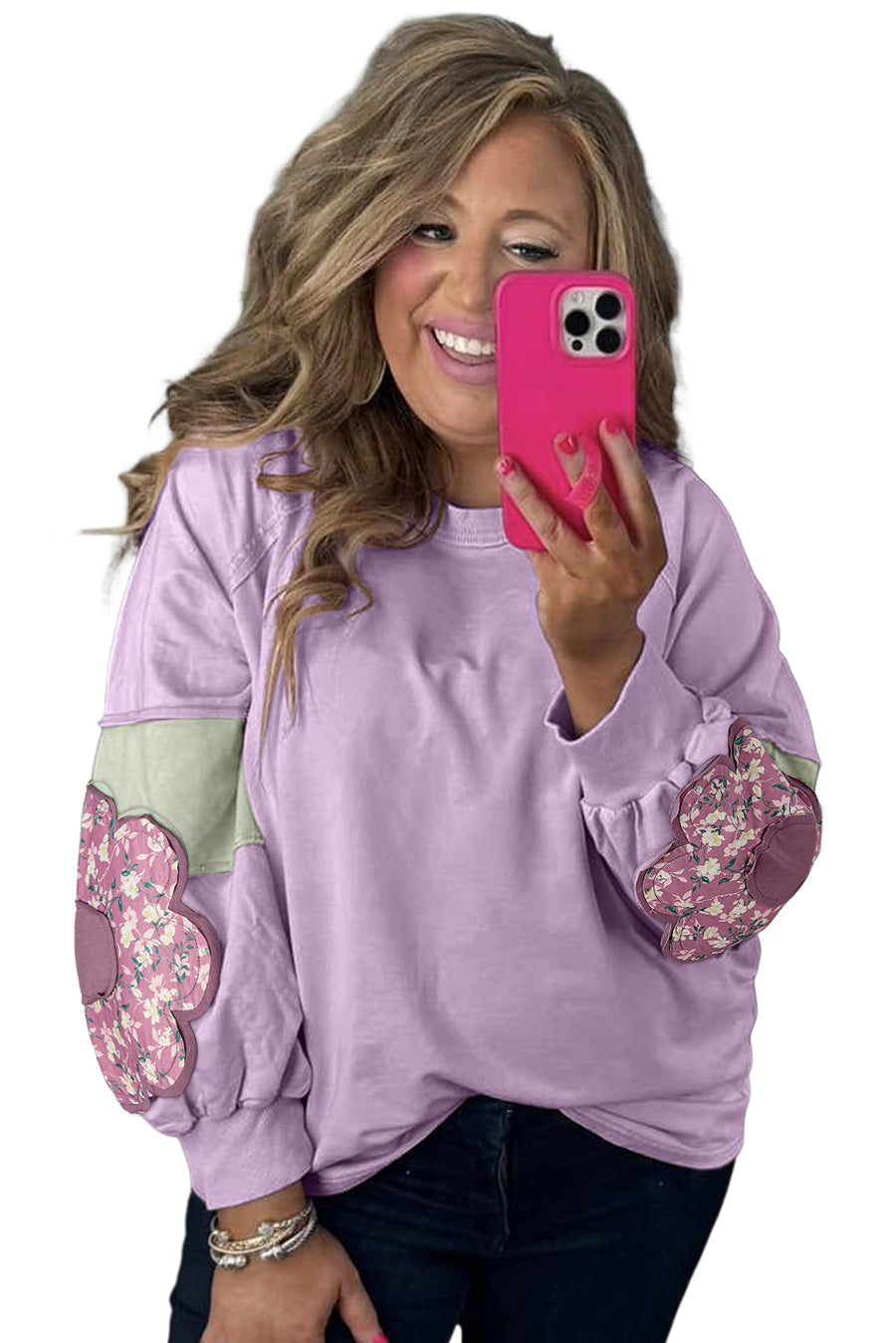 Plus Size Lavender Floral Patched Color Block Pullover Shirt