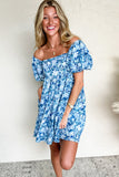 Blue Multi Floral Puff Sleeve Babydoll Mini Dress with Pockets