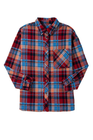 Red Plaid Print Drop Sleeve Loose Shirt Shacket
