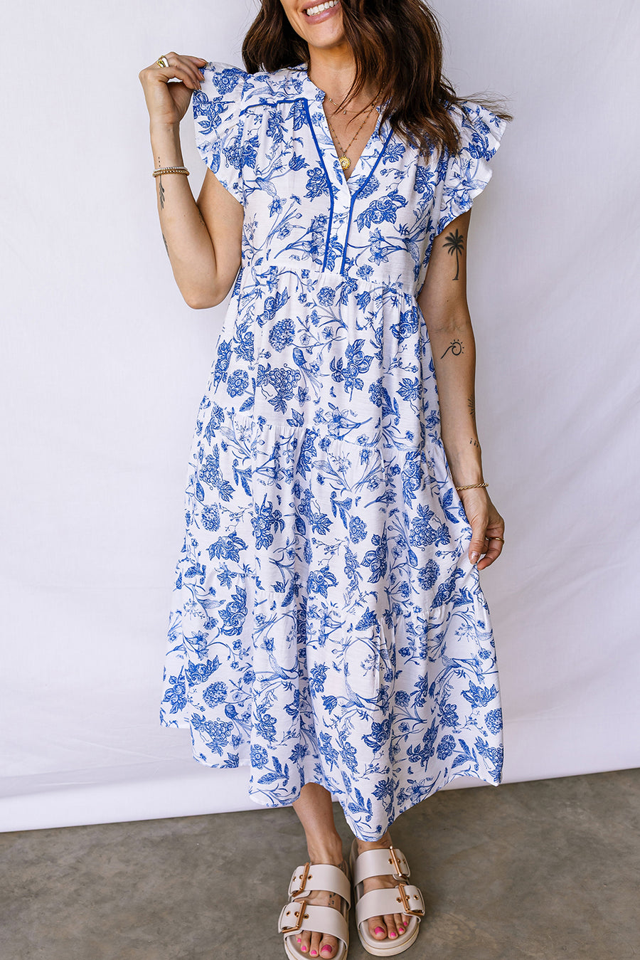 Blue Floral Ruffled Short Sleeve Tiered Midi Dress