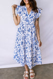 Blue Floral Ruffled Short Sleeve Tiered Midi Dress