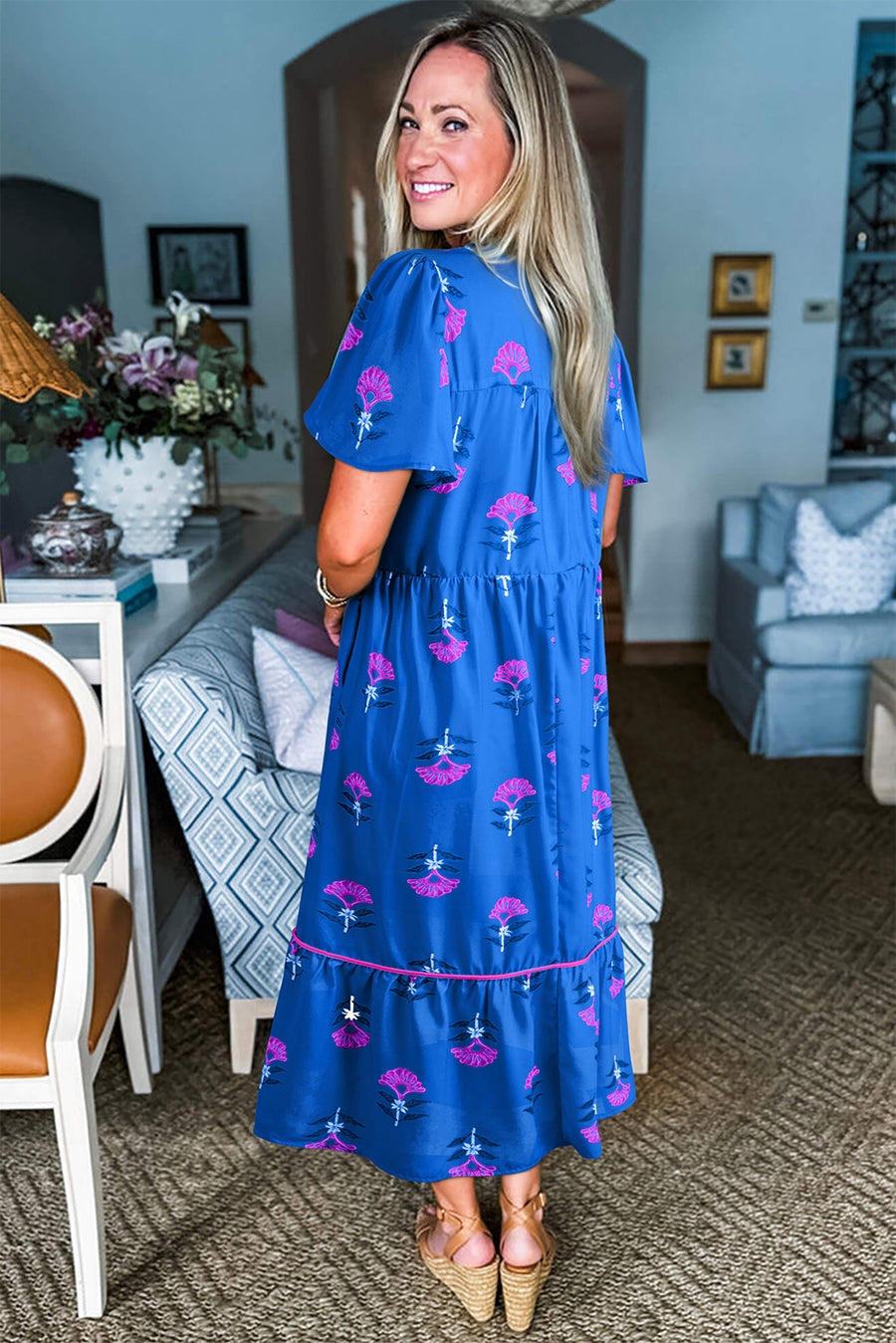 Blue Floral Print Notched Neck Flounce Sleeve Maxi Dress with Pockets- 2 Colors
