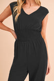 Black Shirred High-Waist V-Neck Sleeveless Jumpsuit