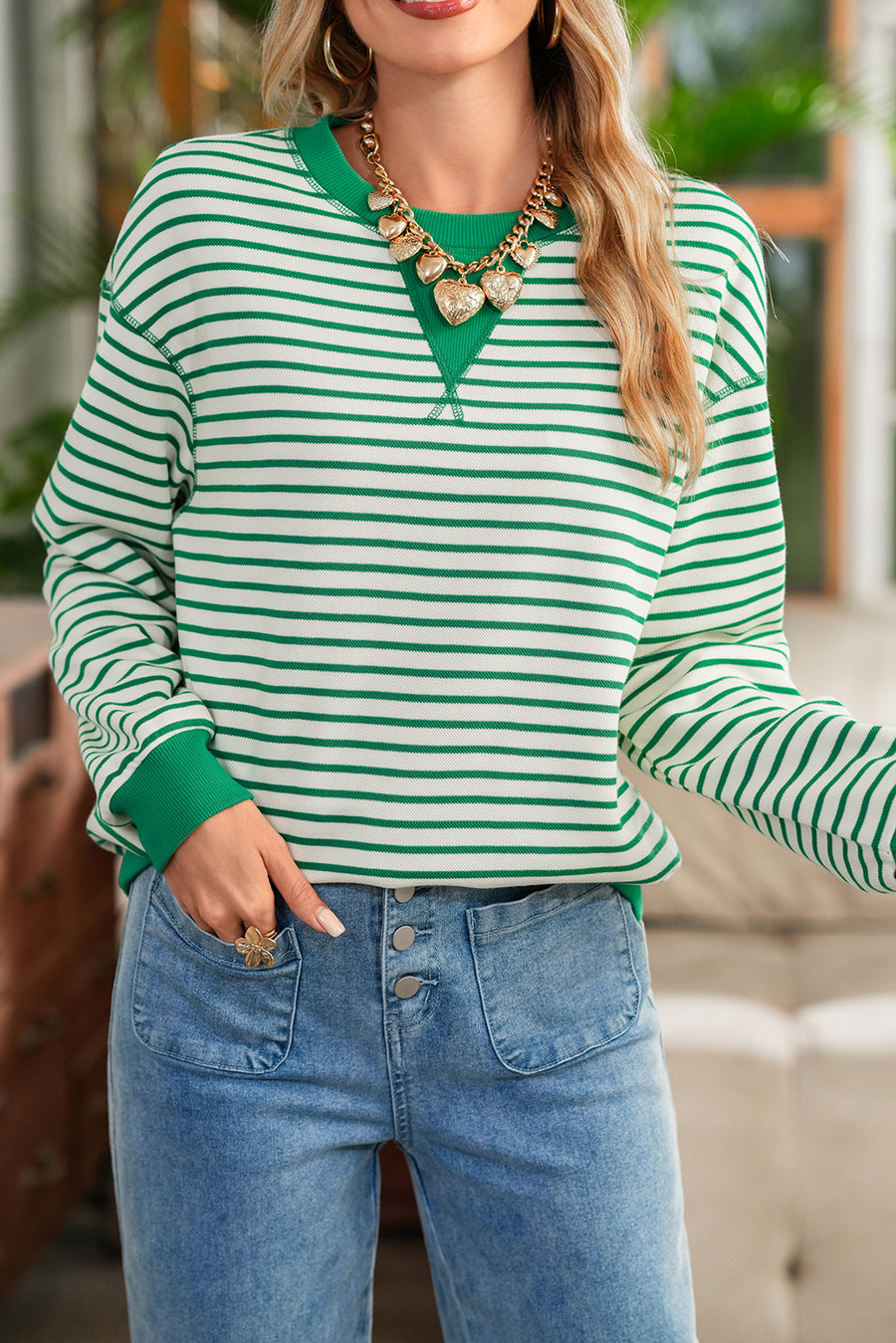 Green Striped Contrast Trim Long Sleeve Shirt