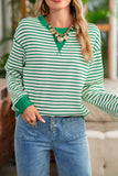 Green Striped Contrast Trim Long Sleeve Shirt