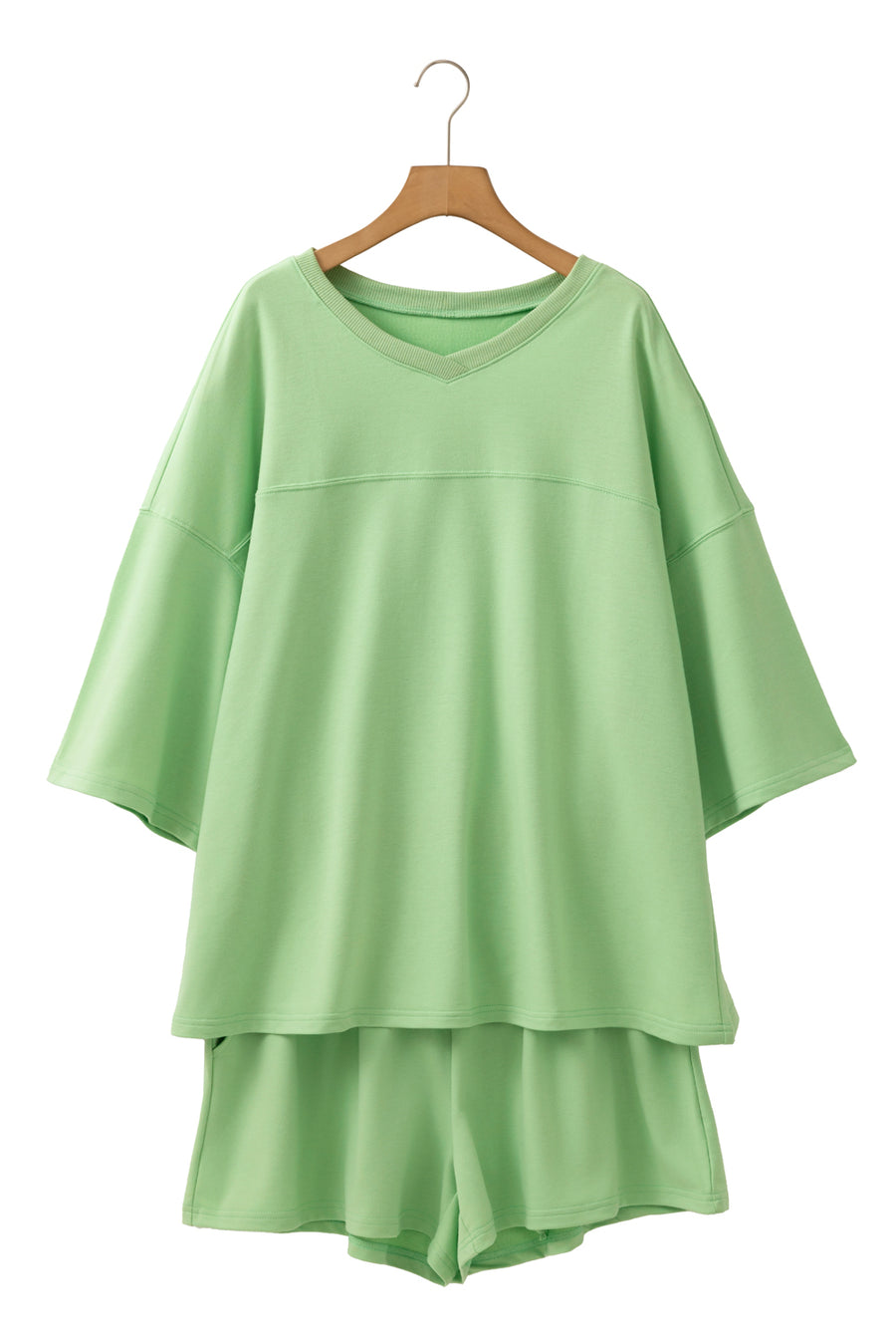 *Pre-Order* Plus Size Meadow Mist Green V-Neck Loose Fit T-Shirt & Shorts Set
