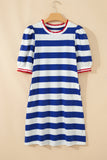 Striped Contrast Trim Crew Neck Short Puff Sleeve Shift Mini Dress- 2 Colors