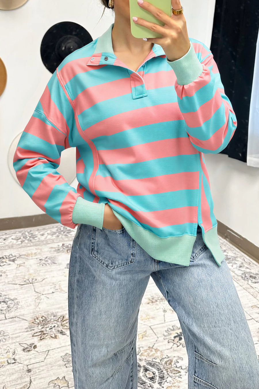 Coral & Turquoise Striped Drop Shoulder Button Collar Side Slit Long Sleeve Shirt