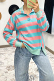 Coral & Turquoise Striped Drop Shoulder Button Collar Side Slit Long Sleeve Shirt