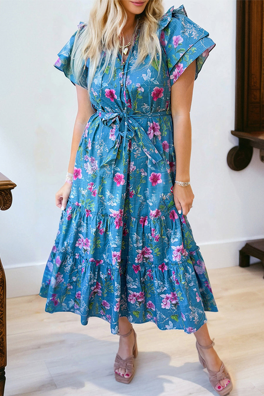 Blue Floral Flutter Sleeve Tie Neck Belted Midi Dress