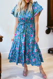 Blue Floral Flutter Sleeve Tie Neck Belted Midi Dress