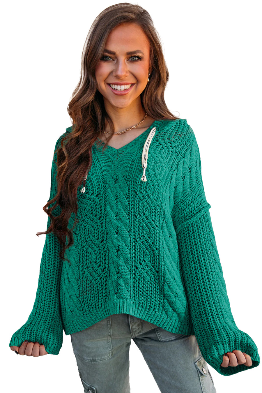 Green Cable Knit V-Neck Contrast Drawstring Hooded Sweater
