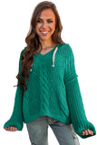 Green Cable Knit V-Neck Contrast Drawstring Hooded Sweater