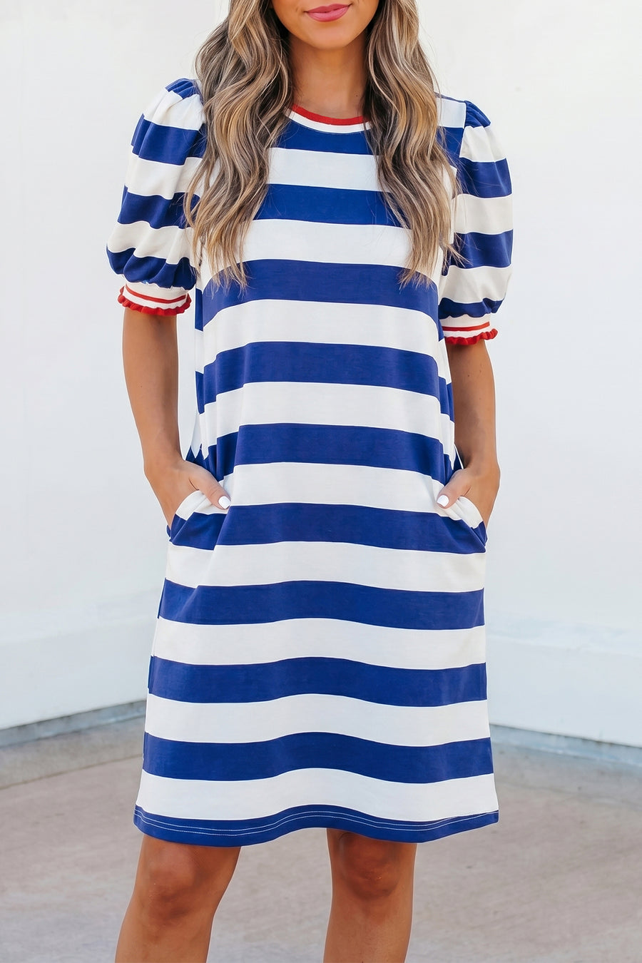 Striped Contrast Trim Crew Neck Short Puff Sleeve Shift Mini Dress- 2 Colors