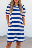 Striped Contrast Trim Crew Neck Short Puff Sleeve Shift Mini Dress- 2 Colors