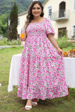 Plus Size Pink Floral Smocked Puff Sleeve Maxi Dress