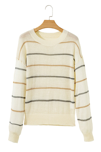Brown Striped Ribbed Edge Drop Shoulder Sweater