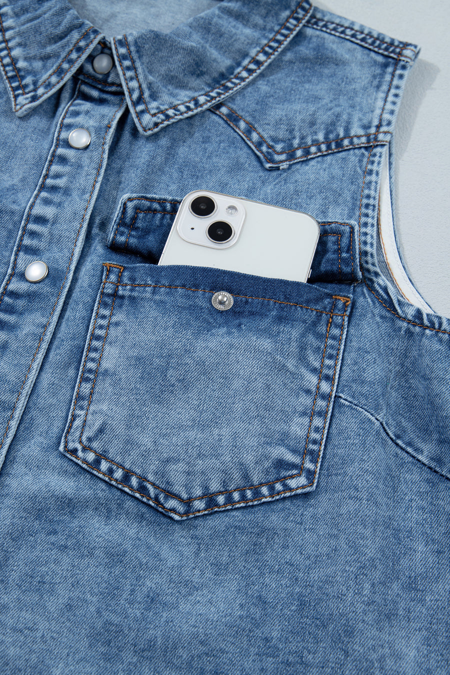 Dusk Blue Button-Up Collared Sleeveless Denim Shirt