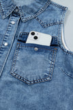 Dusk Blue Button-Up Collared Sleeveless Denim Shirt