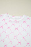 Pink Bow Print Lettuce Trim Short Sleeve Top and Shorts Pajama Set