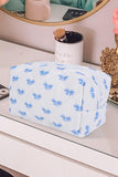 Blue & White Bow Print Quilted Zip-Up Makeup Bag