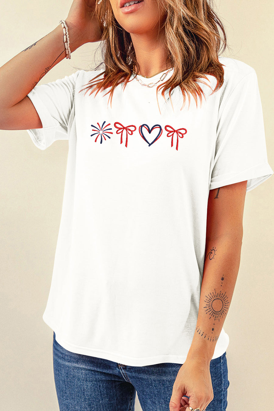 White Fireworks, Bows & Heart Embroidered T-Shirt