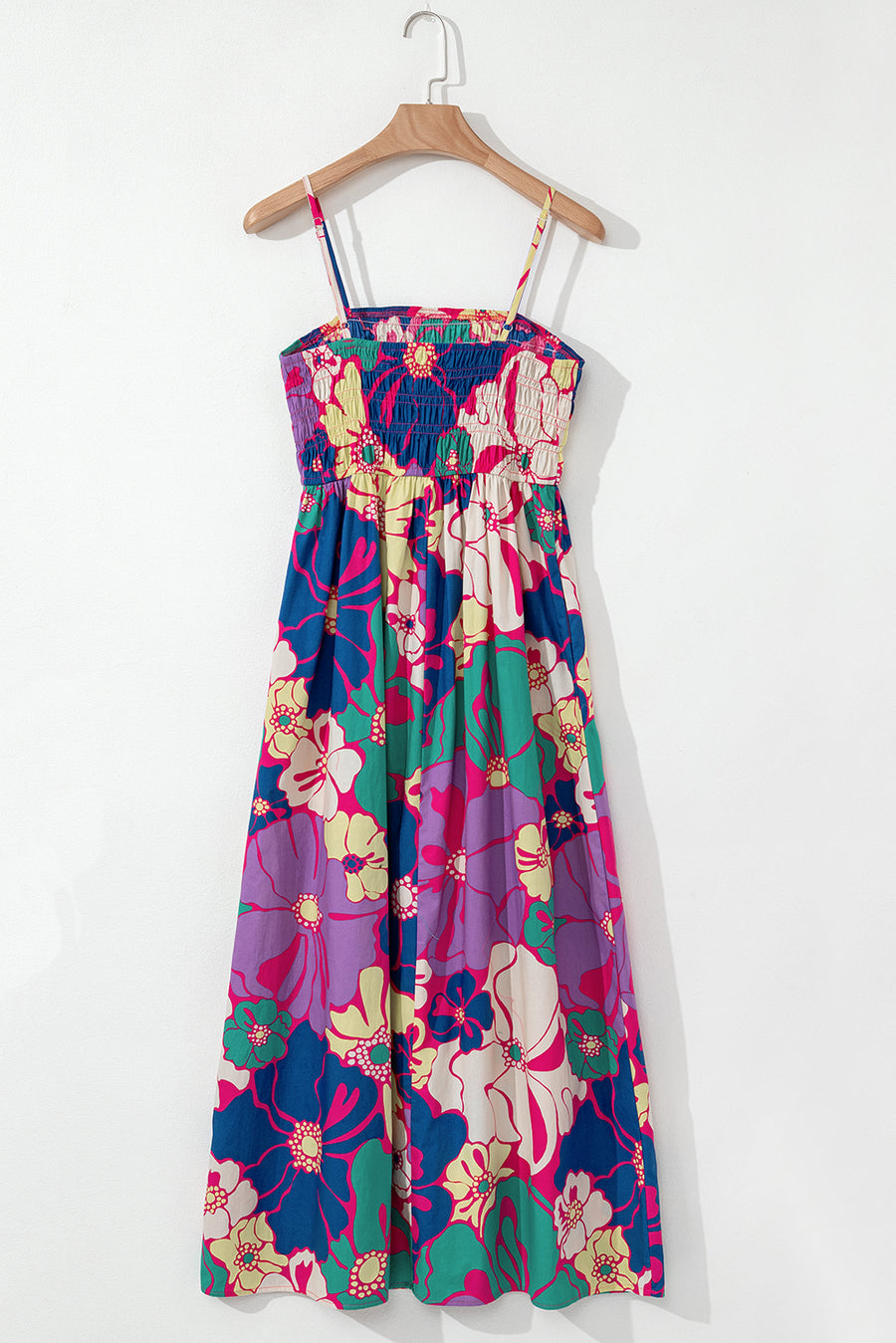 Multicolored Tropical Floral Print Shirred Spaghetti Strap Loose Maxi Dress