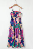 Multicolored Tropical Floral Print Shirred Spaghetti Strap Loose Maxi Dress
