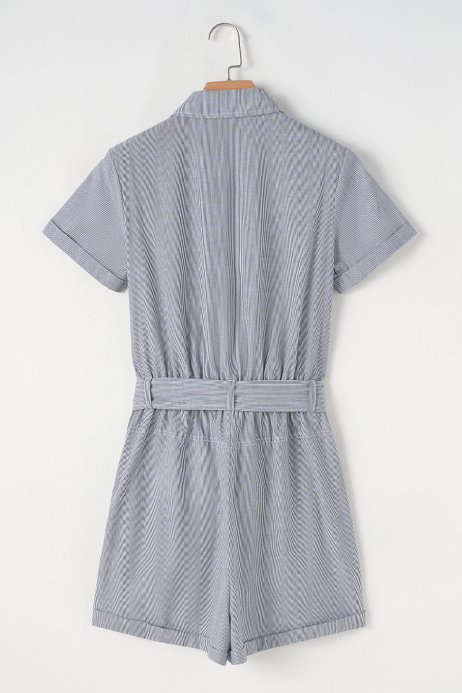 Railroad Striped Chest Pockets Button-Up Belted High-Waist Romper